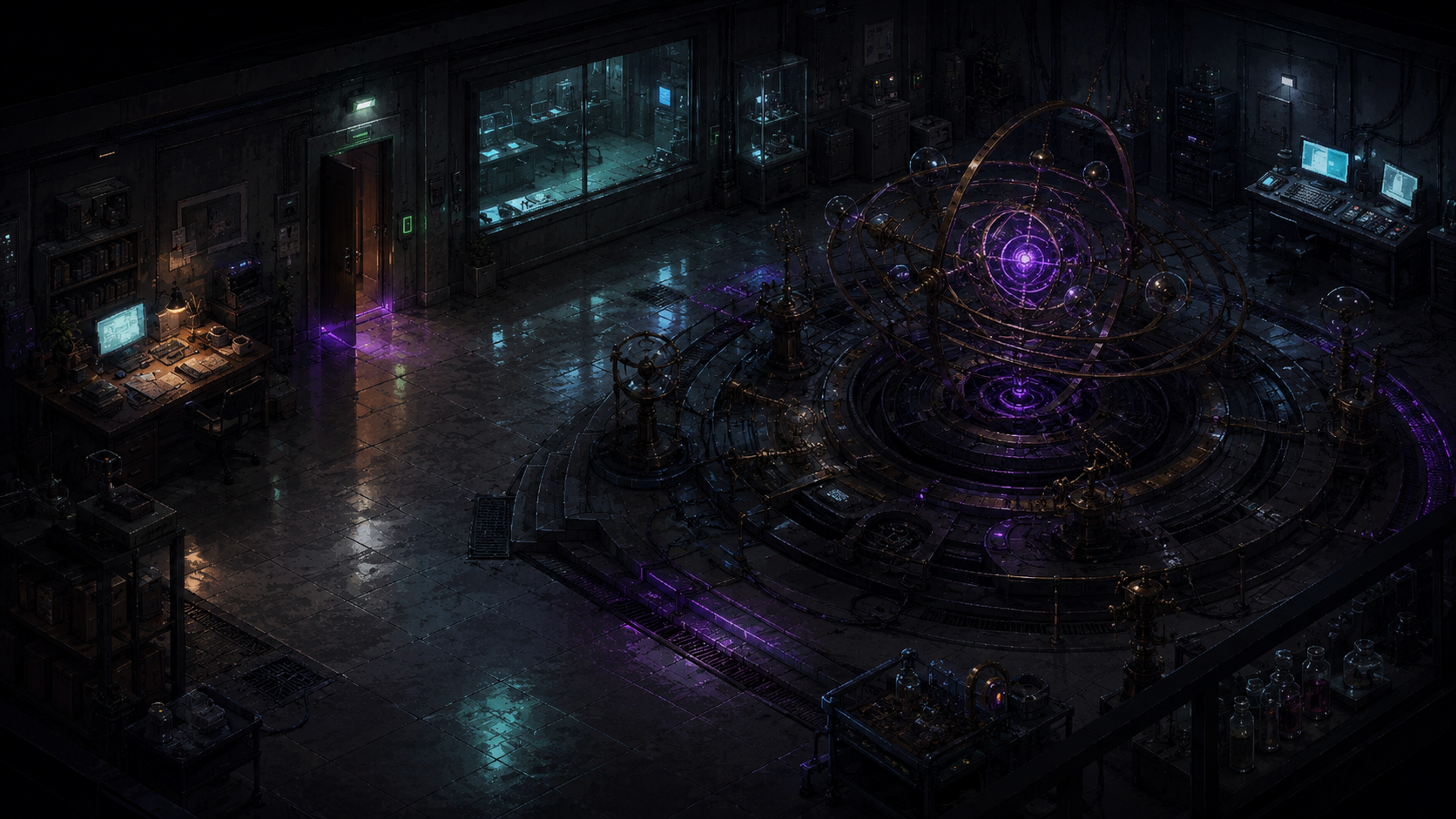 The circular experimental chamber inside Orrery Labs, lit by a violet core.