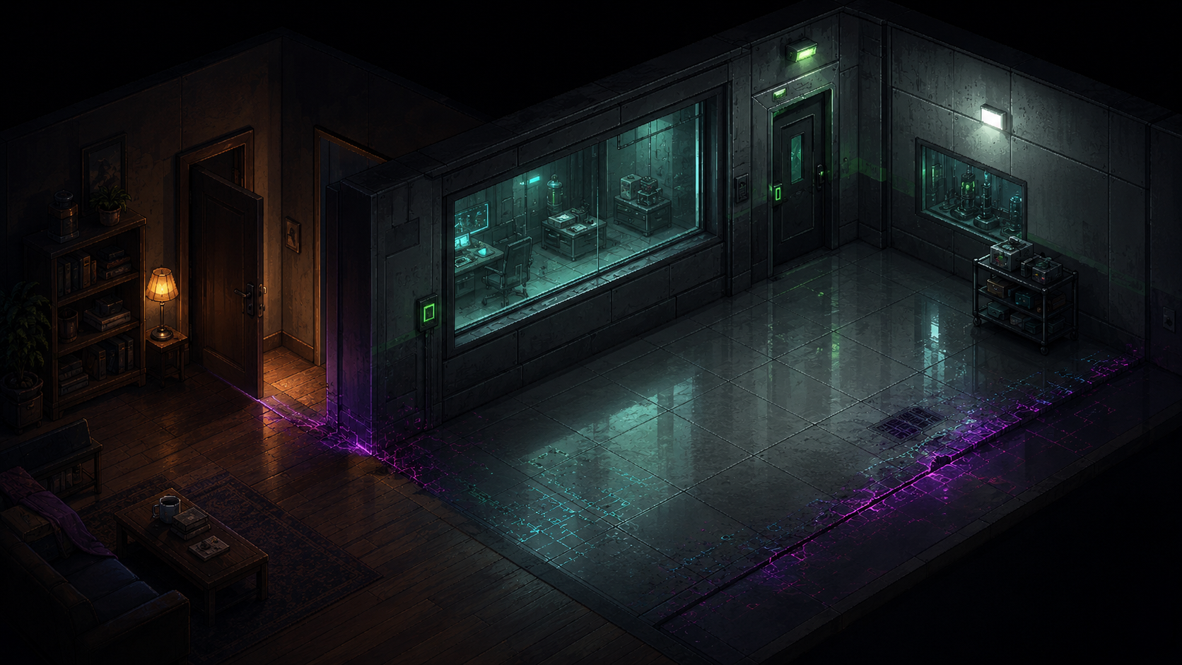 A quiet Orrery Labs threshold between Lux&rsquo;s apartment and the lab.