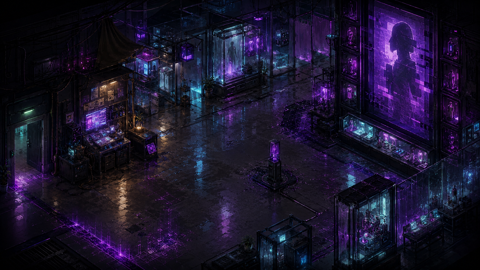 The Violet Exchange, an eerie lab market lit by violet and cyan displays.